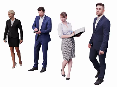 Group of Business Professionals in Formal Attire Holding Work Documents and Tablets 3d model