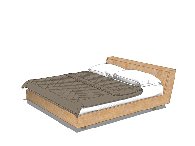 Double Bed with Wooden Frame Brown Quilted Blanket and White Pillows in Simple Modern Design 3d model