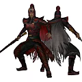 Game Movie Character In Red And Black Ornate Armor With Helmet And Weapon