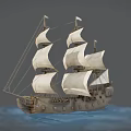 Wooden Sailing Ship With Multiple White Sails Floating On Water Surface 3d model