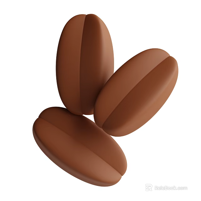 Three Whole Brown Coffee Beans Isolated On White Background With Smooth Surface 3d model 