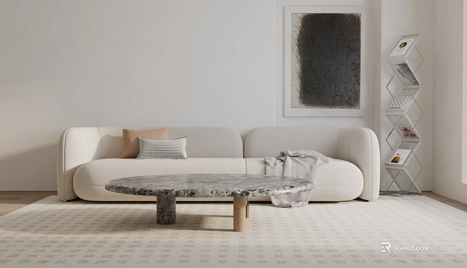 White Sectional Sofa With Brown Striped Pillows And Round Marble Coffee Table In Living Room 3d model 