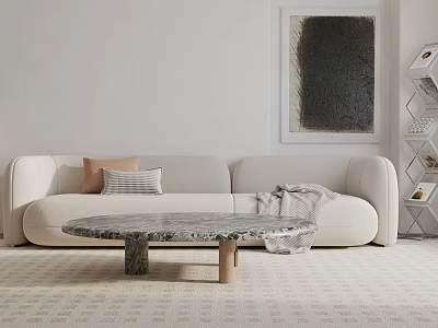 White Sectional Sofa With Brown Striped Pillows And Round Marble Coffee Table In Living Room 3d model