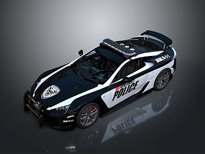 Sporty Black And White Police Car With Roof Lights Rear Spoiler And Decals 3d model