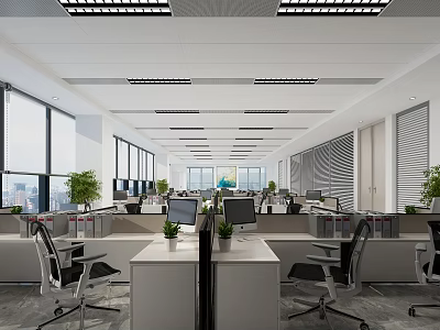 Modern Public Office Space Interior With Desks Computers Green Plants And Windows 3d model