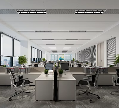 Modern Public Office Space Interior With Desks Computers Green Plants And Windows 3d model