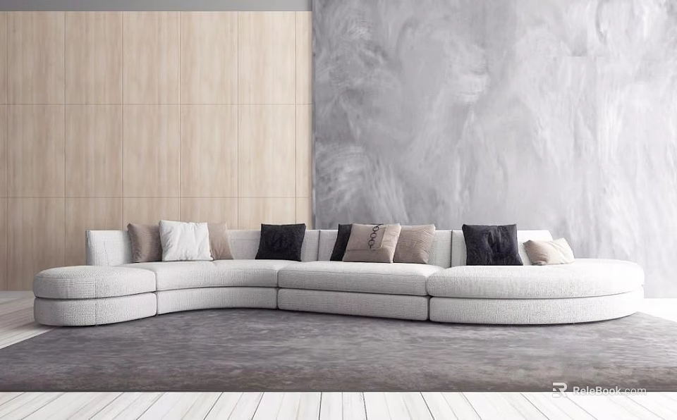 Modern Sectional Sofa With Multiple Throw Pillows In Neutral Tone Against Wooden And Gray Textured Walls 3d model 