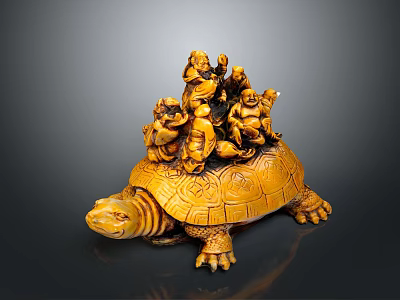 Intricate Carved Amber Wooden Turtle Shaped Furniture Decorative Sculpture With Small Figures And Engraved Patterns 3d model