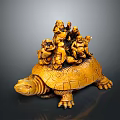 Intricate Carved Amber Wooden Turtle Shaped Furniture Decorative Sculpture With Small Figures And Engraved Patterns