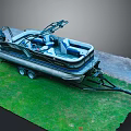 Modern Pontoon Boat With Blue Seats And Trailer Parked On Green Grass