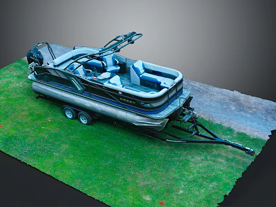 Modern Pontoon Boat With Blue Seats And Trailer Parked On Green Grass 3d model
