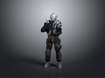 Futuristic Armored Human Warrior Character Standing With Tactical Weapon And Gear 3d model