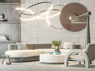Modern Grey Sofa And White Marble Coffee Table With Green Plant Mirror And Ring Pendant Light 3d model
