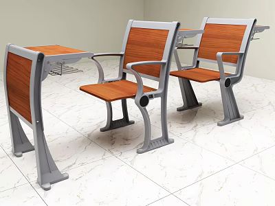 Modern Wooden Top Study Desks With Metal Frame And Matching Armchairs 3d model