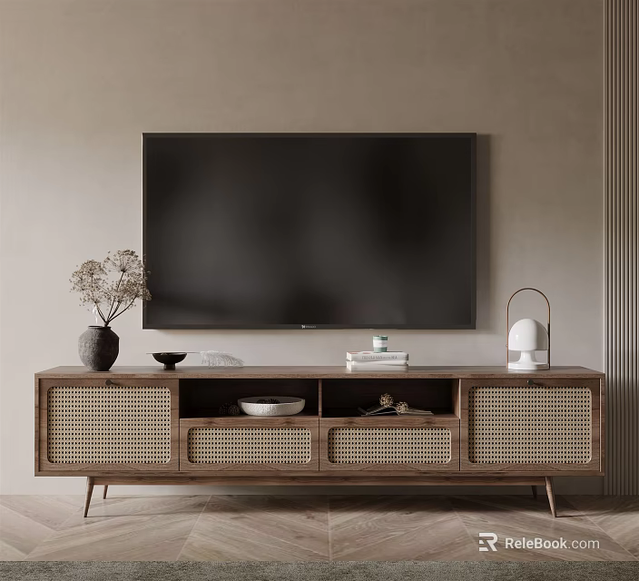 Wooden TV Stand with Rattan Doors and Vase Table Lamp in Minimalist Modern Setting 3d model 
