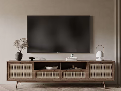 Wooden TV Stand with Rattan Doors and Vase Table Lamp in Minimalist Modern Setting 3d model