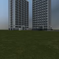 Two Tall Modern Office Buildings With Glass Curtain Walls And Large Windows