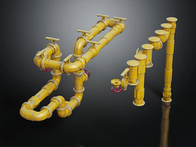 Yellow Industrial Pipes Complex Network With Elbows Valves Vertical Horizontal Connections 3d model