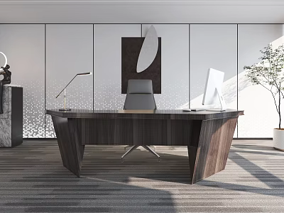 Modern Office Interior With Wooden Desk Executive Chair Computer Monitor And Floor Lamp 3d model