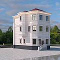 European Style Detached Villa With White Exterior Red Roof And Front Steps Surrounding Green Trees