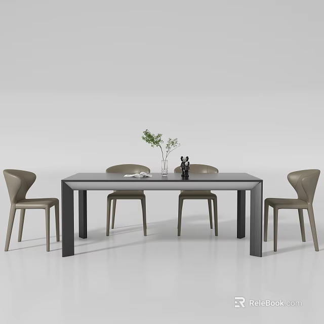 Modern Rectangular Dining Table Set with Four Minimalist Chairs and Vase with Green Plant 3d model