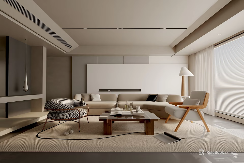 Modern Living Room Interior Design With Beige Sofa Coffee Table Striped Chair And Floor Lamp 3d model 