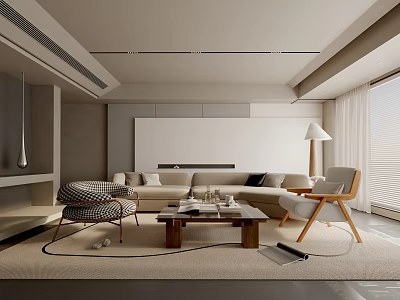 Modern Living Room Interior Design With Beige Sofa Coffee Table Striped Chair And Floor Lamp 3d model