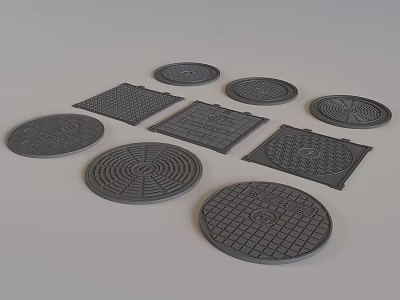 Various Gray Manhole Covers With Circular And Square Shapes And Designs 3d model