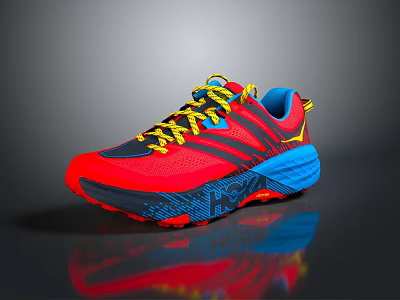 Vibrant Red Blue Athletic Sneakers With Yellow Laces And Cushioned Traction Sole 3d model