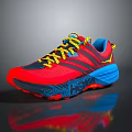 Vibrant Red Blue Athletic Sneakers With Yellow Laces And Cushioned Traction Sole