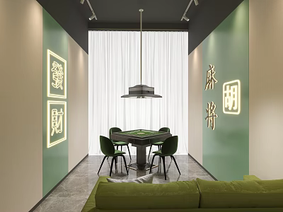 Modern Hotel Mahjong Room Interior With Green Walls Illuminated Chinese Characters Sofa And Chairs 3d model