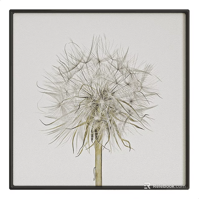 Botanical Art Dandelion White Fluffy in Black Frame with Light Background 3d model
