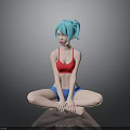 3D Character With Blue Hair Red Sports Bra Blue Shorts Cross Legged Sitting Black Floor