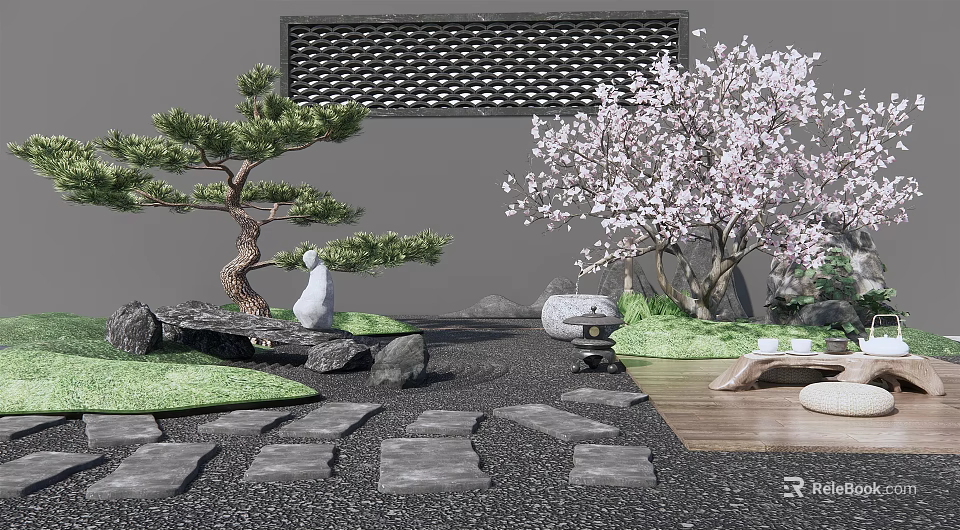 Karesansui Dry Landscape Garden With Raked Gravel Stone Path Pine And Cherry Blossom Trees 3d model 