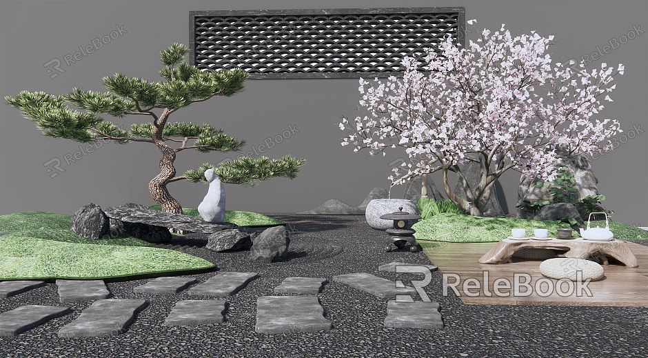 Japanese style landscape sketch Zen courtyard landscape dry landscape sketch cherry tree pine tree courtyard sketch stone model