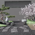 Karesansui Dry Landscape Garden With Raked Gravel Stone Path Pine And Cherry Blossom Trees