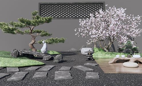 Japanese style landscape sketch Zen courtyard landscape dry landscape sketch cherry tree pine tree courtyard sketch stone 3d model