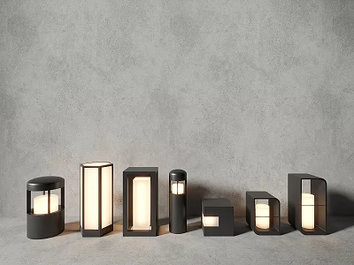 Modern Minimalist Outdoor Lights With Various Shapes And Transparent Panels On Gray Background 3d model
