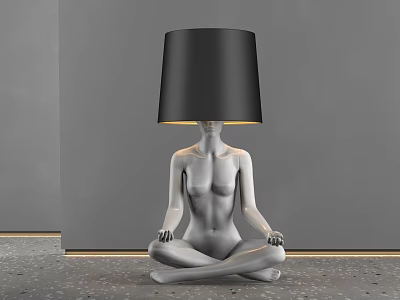 Unique Shaped Floor Lamp With Human Figure Sculpture In Cross Legged Posture And Black Lampshade 3d model