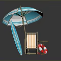 Modern Beach Leisure Scene With Striped Umbrella Surfboard Lounge Chair Small Round Table And Lifebuoy