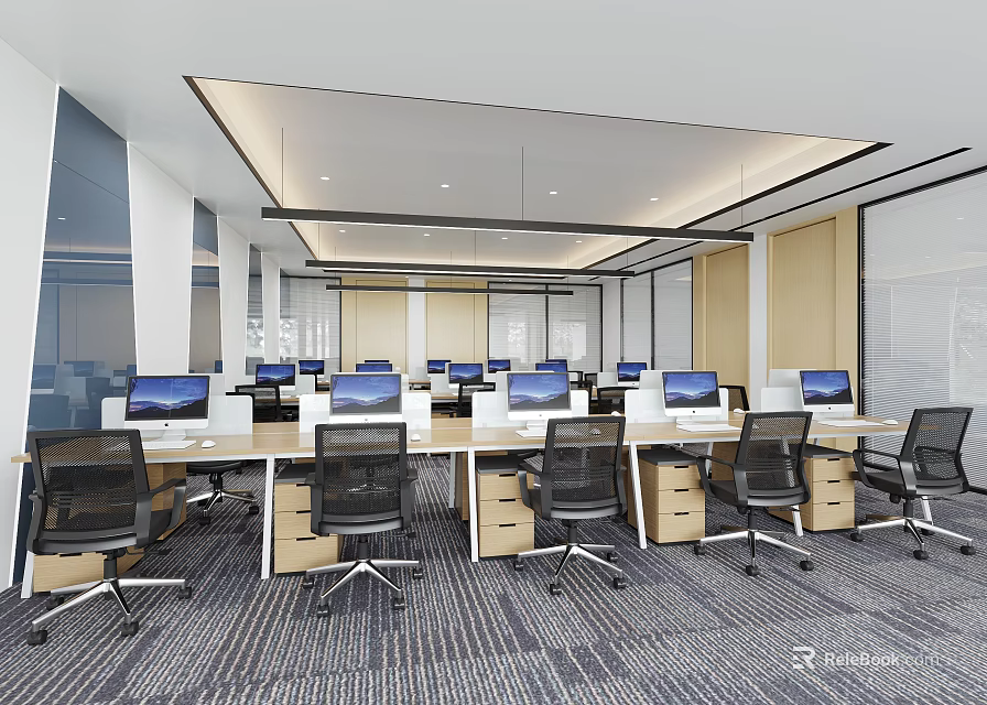 Modern Public Office Space With Multiple Workstations Desktop Computers And Office Chairs 3d model