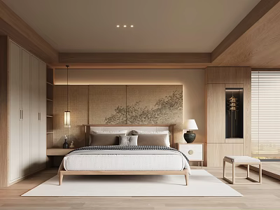 Modern Bedroom Interior Design With Wooden Elements Decorative Headboard Wall Nightstands Table Lamps And Wardrobes 3d model