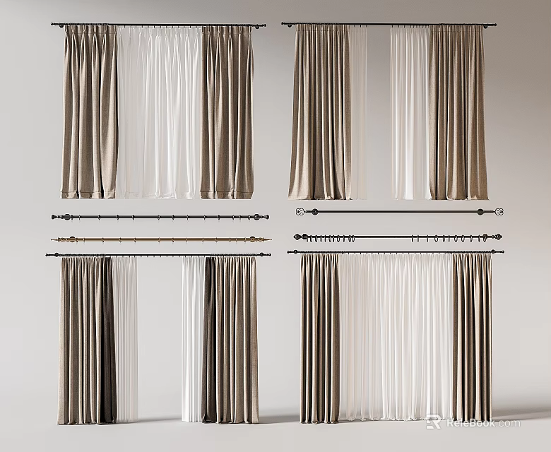 Various Brown And White Curtain Styles With Different Fabric And Curtain Rods 3d model 