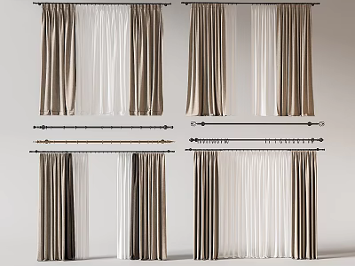 Various Brown And White Curtain Styles With Different Fabric And Curtain Rods 3d model