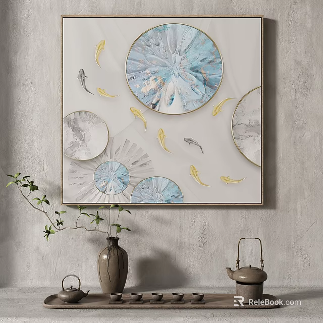 Decorative Wall Art With Blue White Circles Golden Fish Vase And Teapot On Gray Wall 3d model 