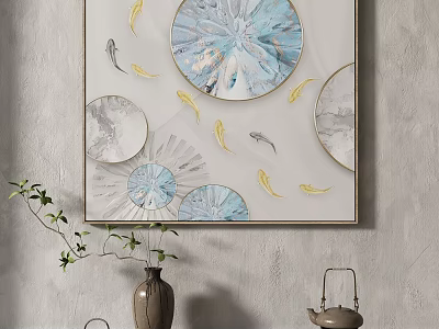 Decorative Wall Art With Blue White Circles Golden Fish Vase And Teapot On Gray Wall 3d model