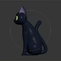 Cartoon Black Cat with Big Yellow Eyes and Purple Ears Sitting and Raising Paw