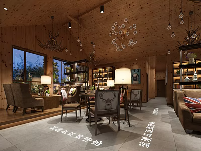 Rustic Café Interior With Wooden Ceiling Chandeliers Large Windows And Cozy Seating 3d model