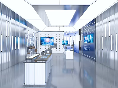 Modern Laboratory Interior Design With Metallic Walls Display Counters And Digital Screens 3d model