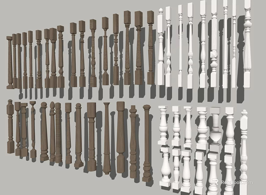 Various Design Brown And White Railing Balusters As 3D Architectural Elements 3d model